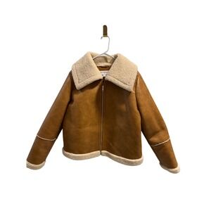 Marc New York Womens XL Faux Leather Sherpa Aviator Jacket Tan Brown Zip GUC